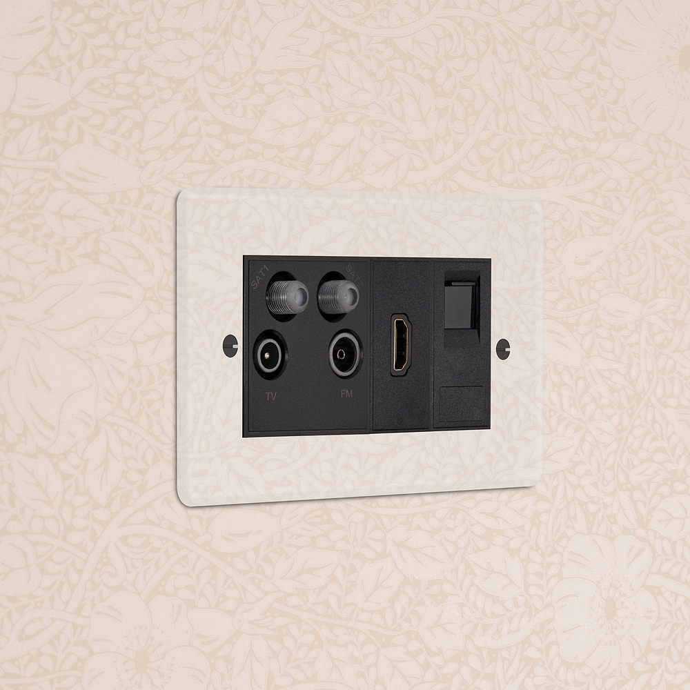Double Aerial & HDMI & CAT6 Socket - Clear | Black