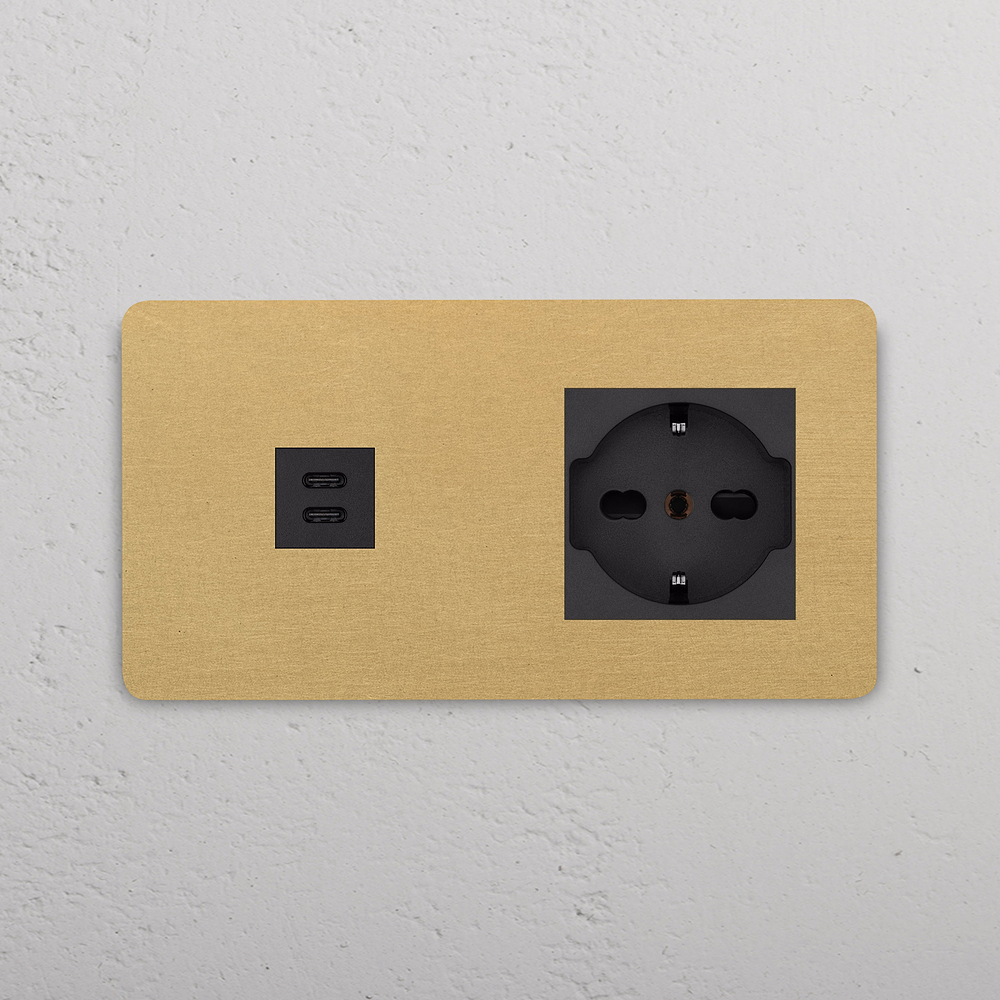 Grove USB-C-Anschluss (30 W) + SchuKo-/Bipasso-Steckdoseneinsatz je 1x in Zweifachrahmen – Antikes Messing | Schwarz