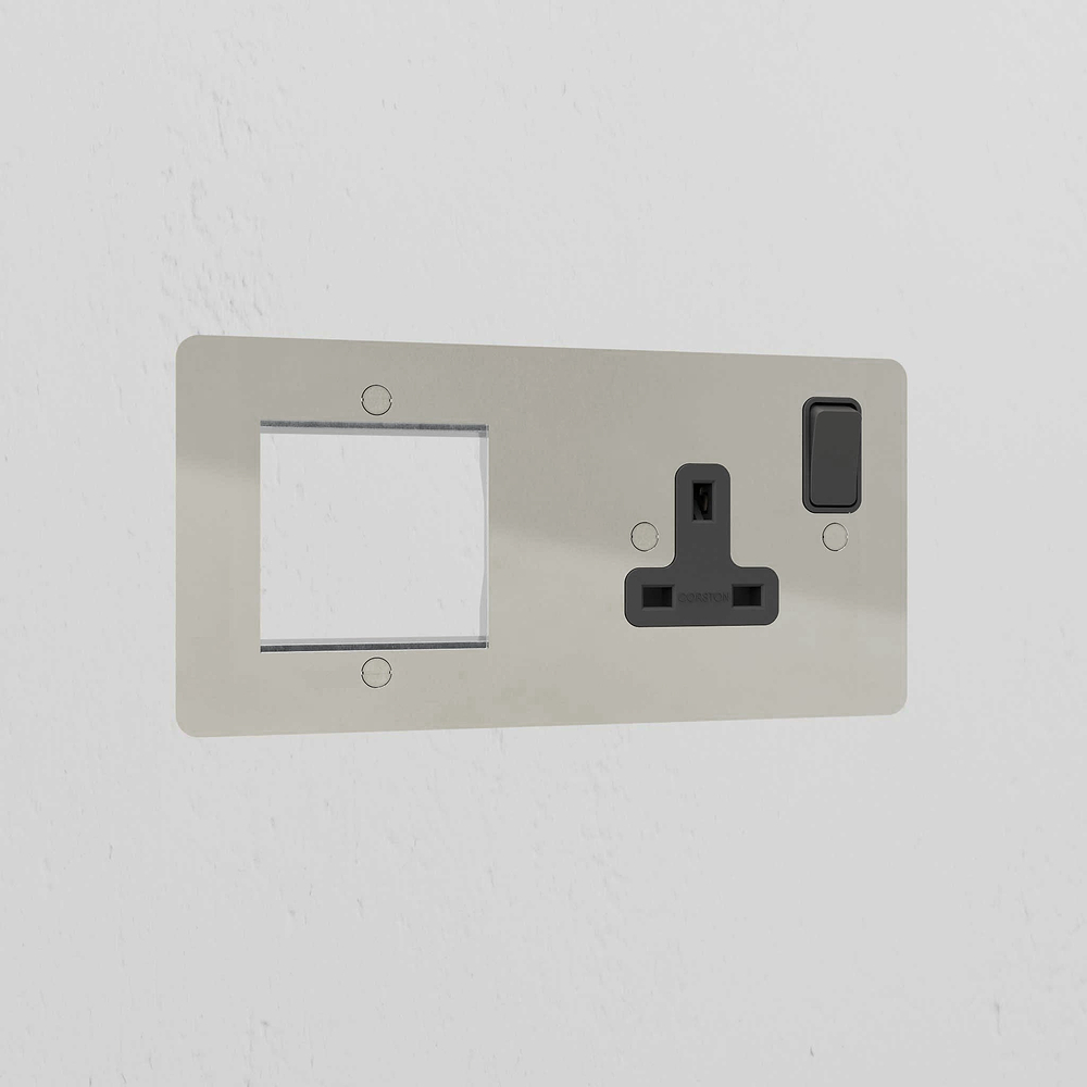 50mm Module & Single Socket Plate - Polished Nickel | Black