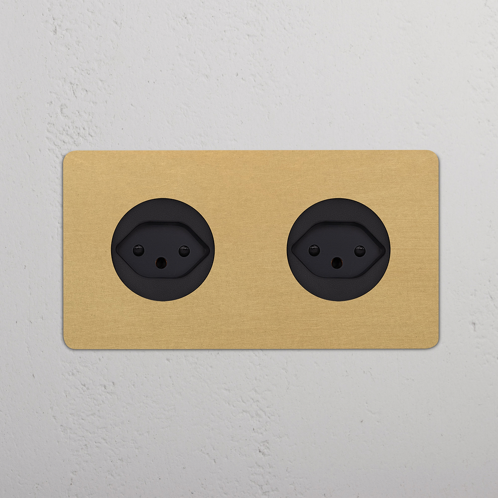 Kew Double 2x Swiss Type J Socket - Antique Brass | Black