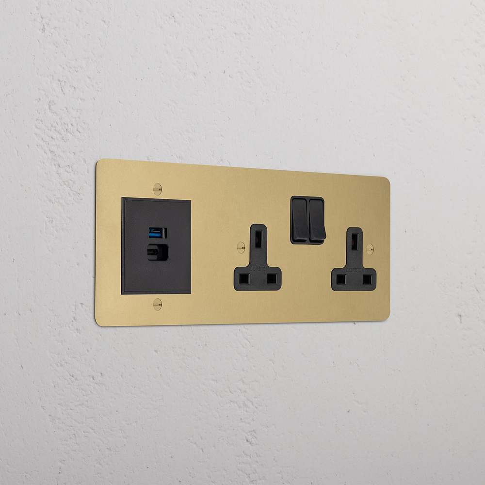 Double Socket & USB-A+C Fast Charge - Antique Brass | Black