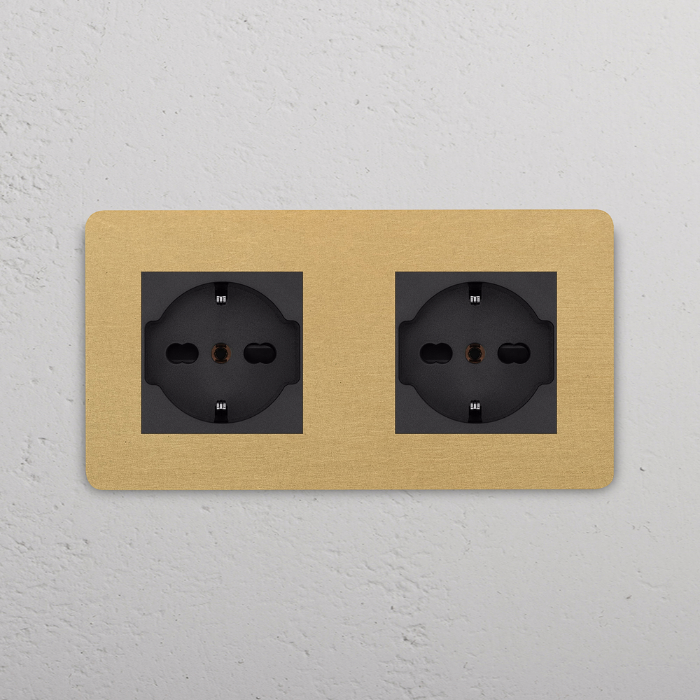 Grove Double 2x Schuko/Bipasso Socket - Antique Brass | Black