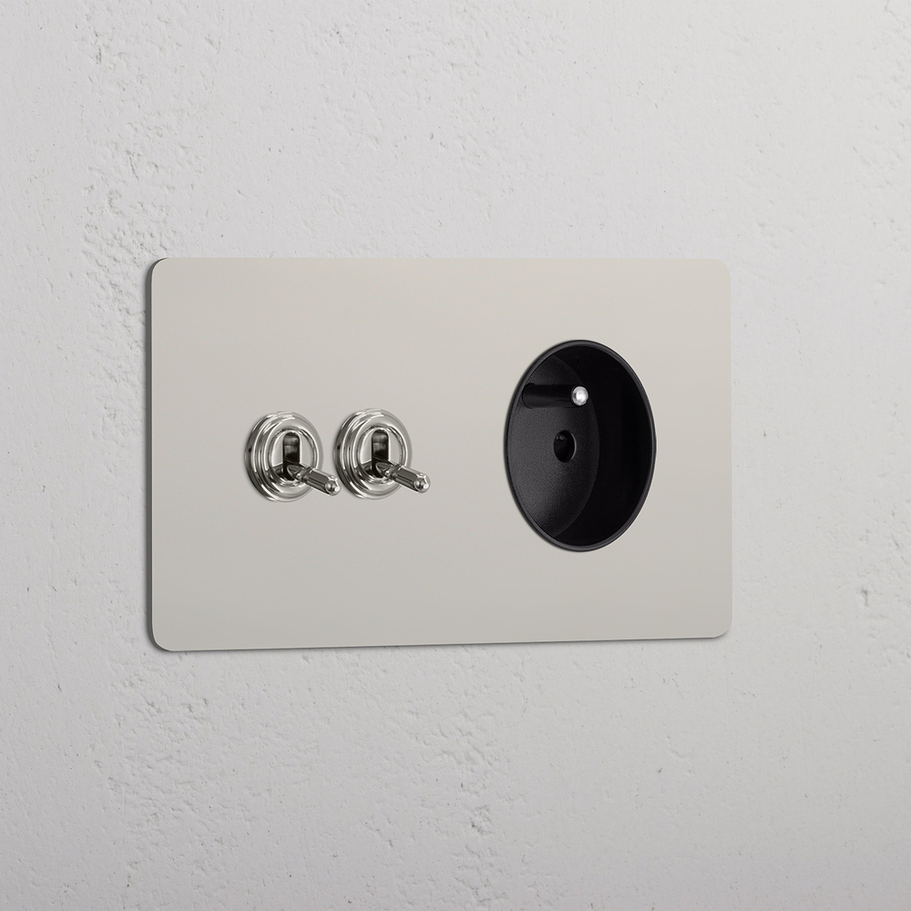 Kew Double 2x Toggle & French/Belgian Type E Socket - Polished Nickel | Black