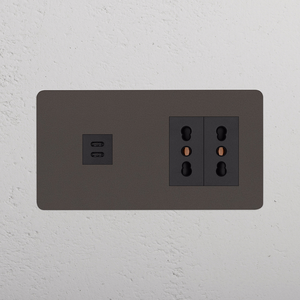 Kew USB-C-Anschluss (30 W) 1x + Bipasso-Steckdoseneinsatz (Typ K) 2x in Zweifachrahmen – Bronze | Schwarz