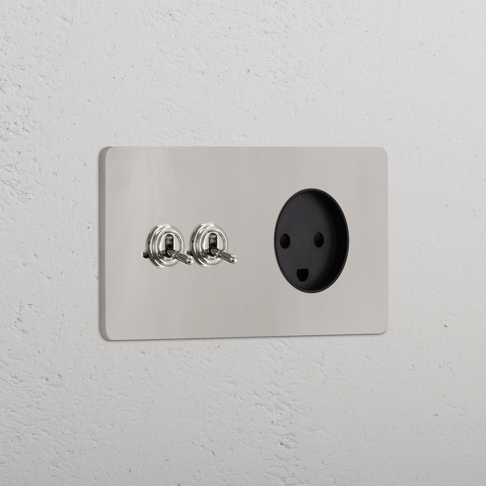 Grove Interrupteur à Levier x2 & Prise Danemark Type K (Plaque Double) - Nickel Poli | Noir