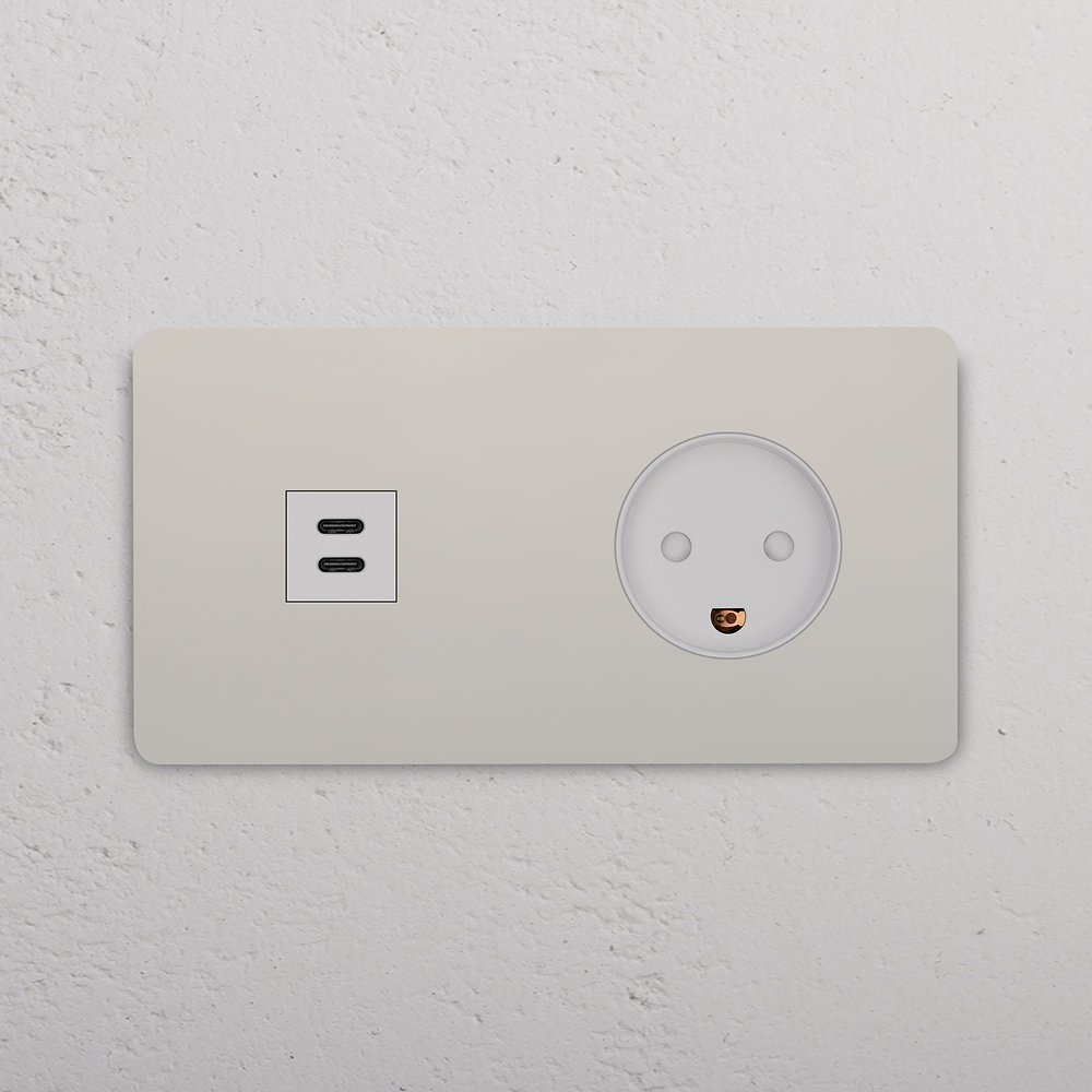 Grove Prise USB-C 30 W & Prise Danemark Type K (Plaque Double) - Nickel Poli | Blanc