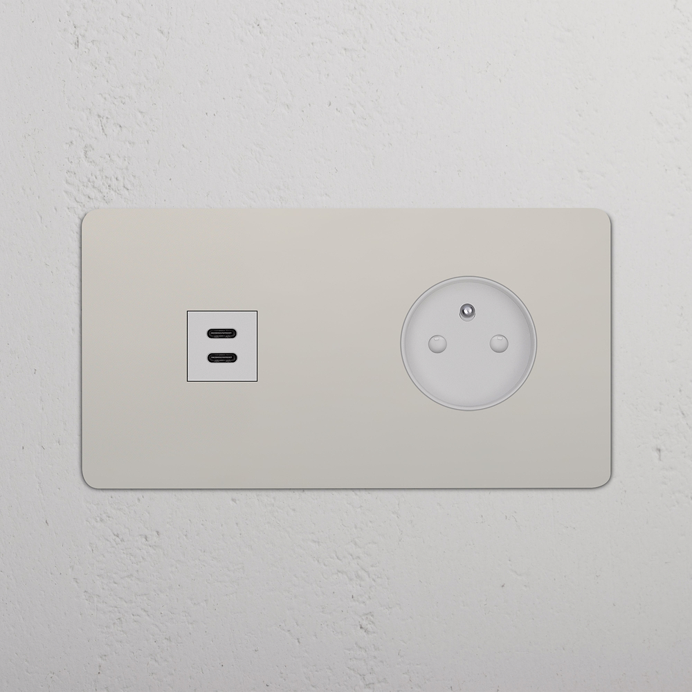 Kew Double USB-C 30W & French/Belgian Type E Socket - Polished Nickel | White