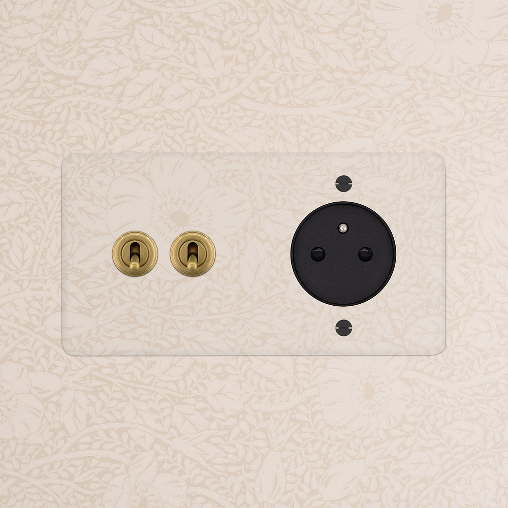 Kew Double 2x Toggle & French/Belgian Type E Socket - Clear Antique Brass | Black