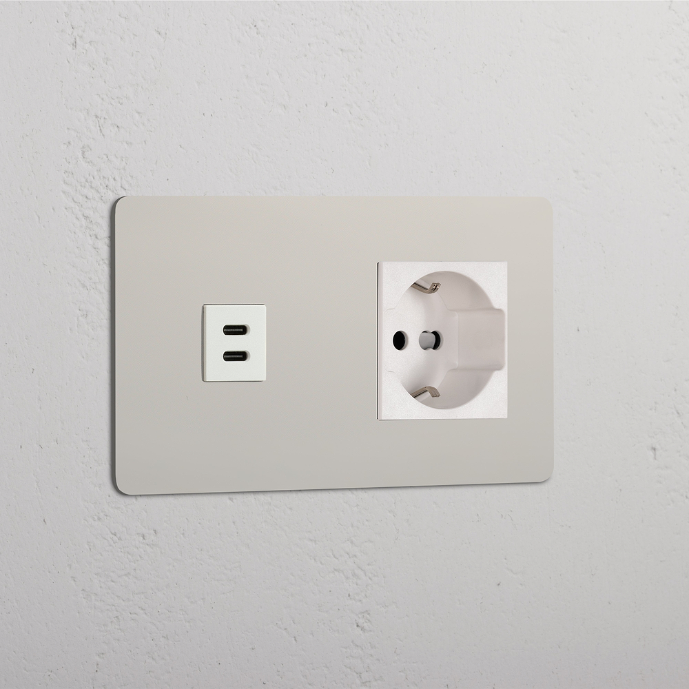 Kew Enchufe USB-C 30W con Schuko/Bipasso (marco doble) - Níquel pulido | Blanco