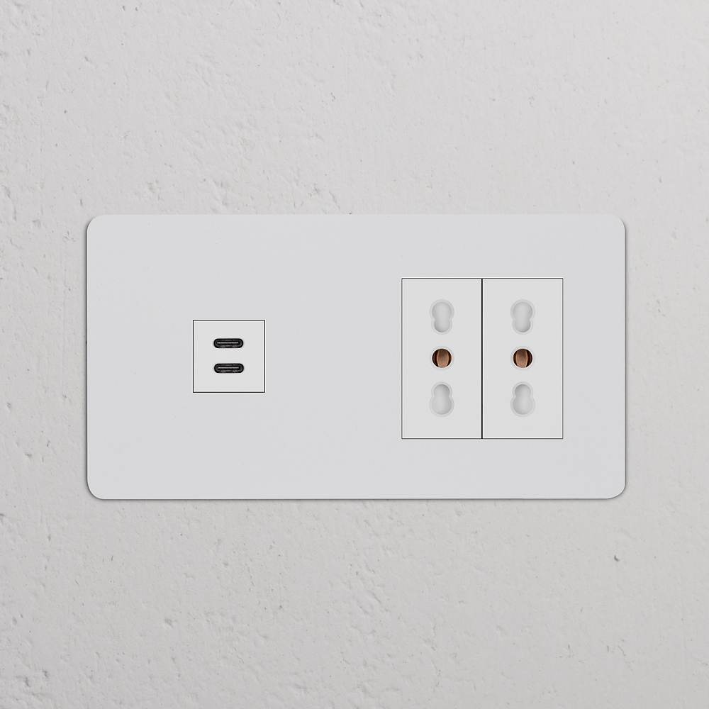 Kew Prise USB-C 30 W & Prise Bipasso x2 (Plaque Double) – Peignable | Blanc