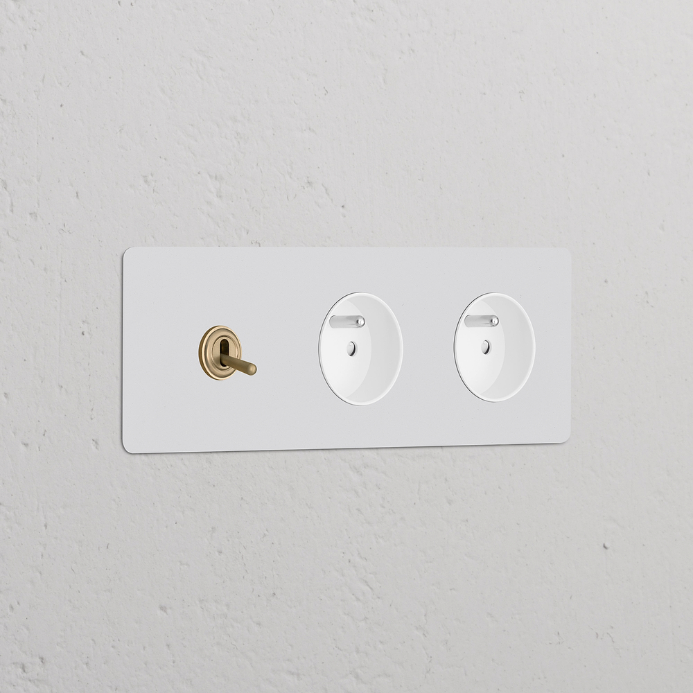 Kew Triple Toggle & 2x French/Belgian Type E Socket - Paintable Antique Brass | White