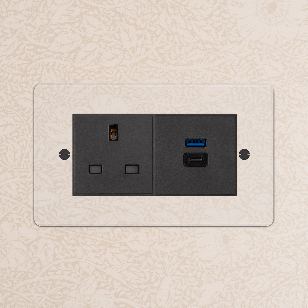 Double 13A & USB-A+C Fast Charge Socket - Clear | Black