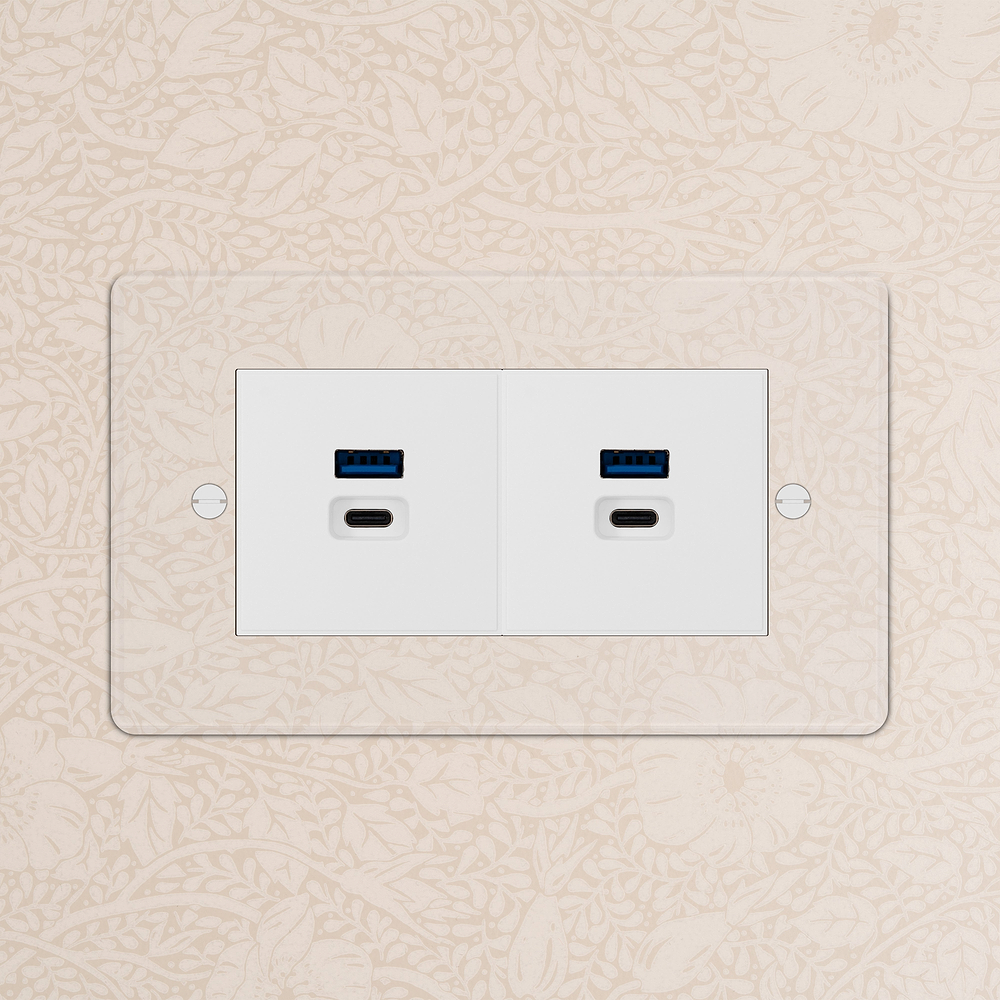 Double 2x USB-A+C Fast Charge Socket - Clear | White