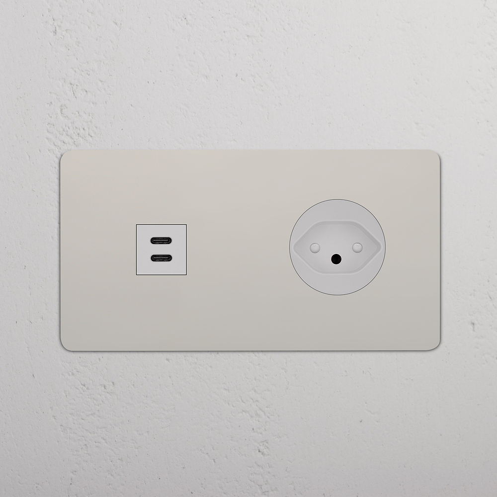 Kew Prise USB-C 30 W & Prise Suisse Type J (Plaque Double) - Nickel Poli | Blanc