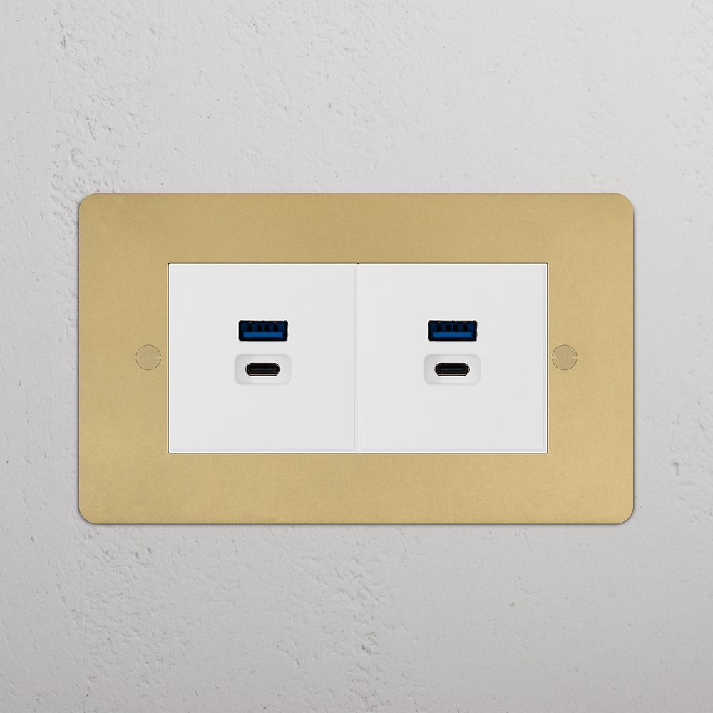 Double 2x USB-A+C Fast Charge Socket - Antique Brass | White