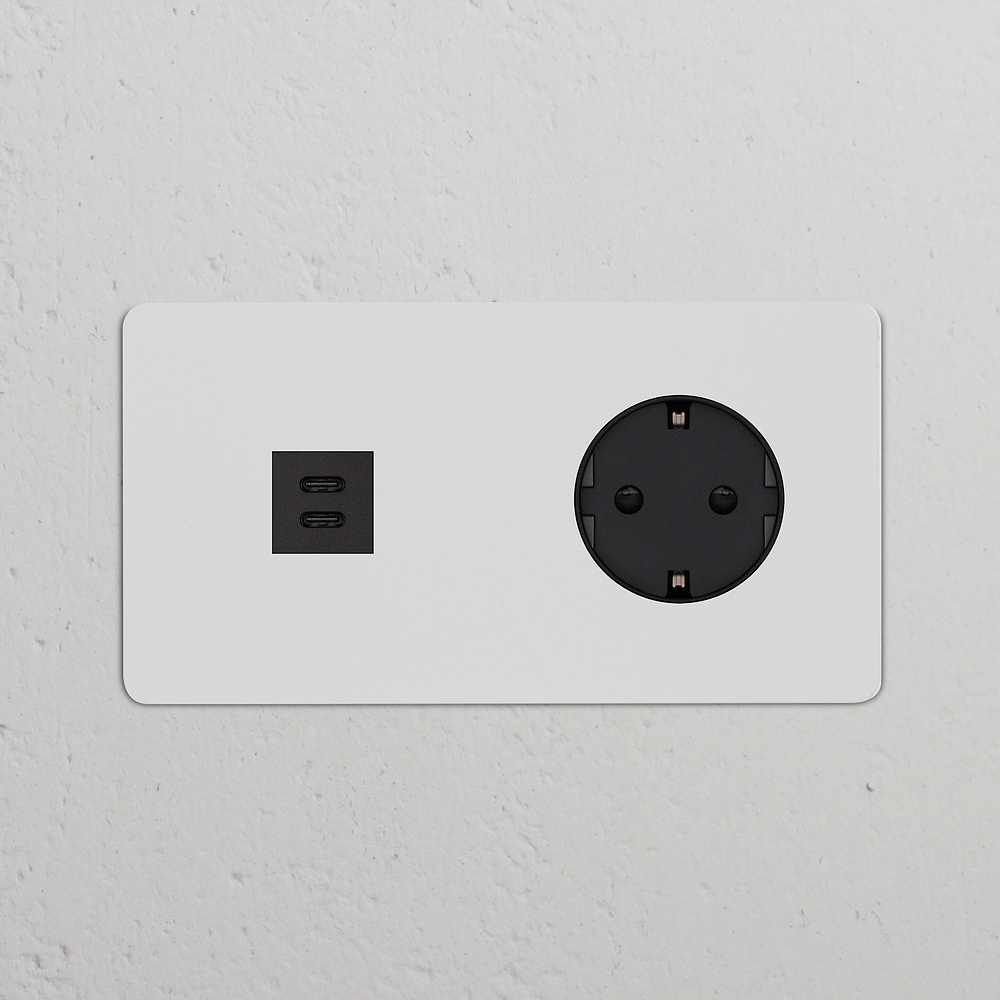Kew USB-C-Anschluss (30 W) + SchuKo-Steckdoseneinsatz (Typ F) je 1x in Zweifachrahmen – Lackierbar | Schwarz