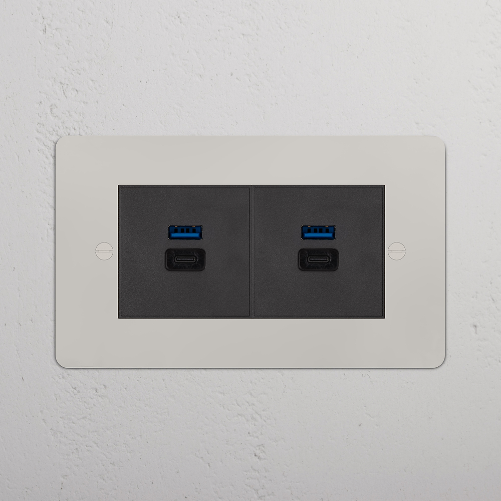 Double 2x USB-A+C Fast Charge Socket - Polished Nickel | Black