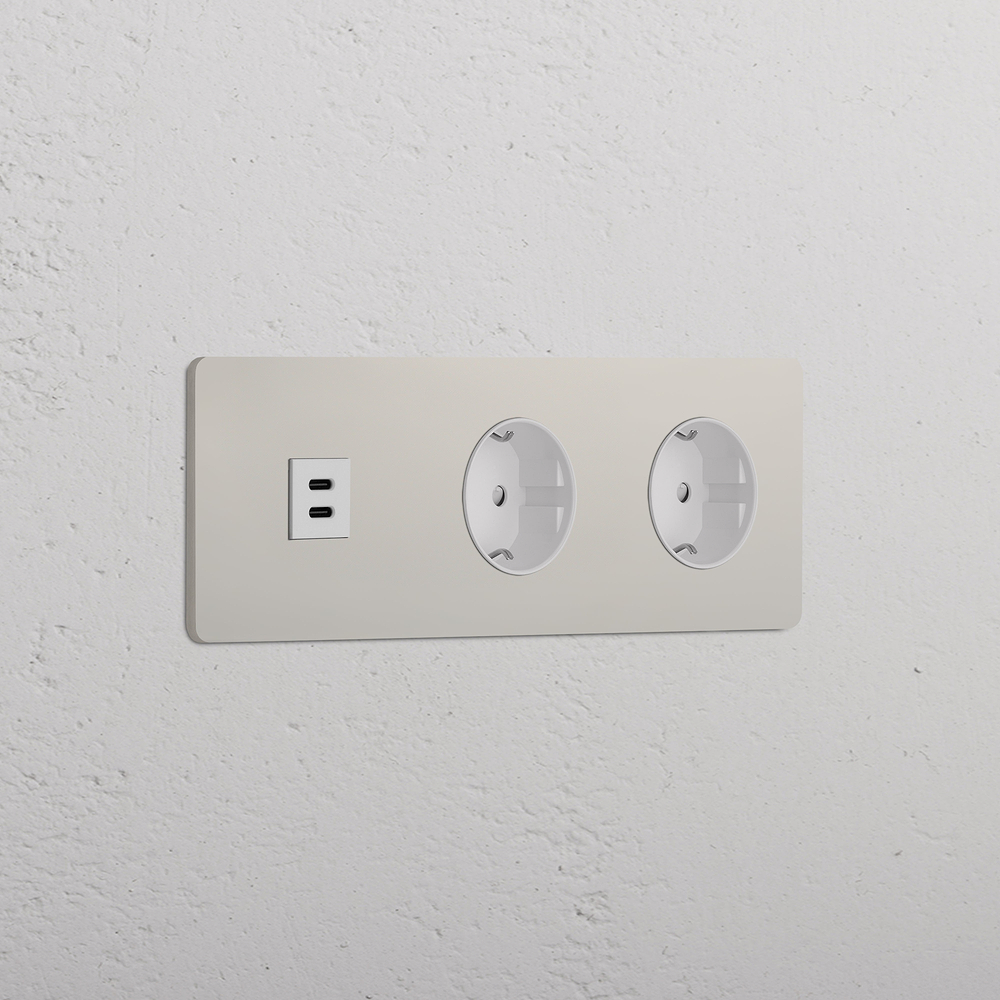 Grove Enchufe USB-C con Schuko x2 tipo F (marco triple) - Níquel pulido | Blanco