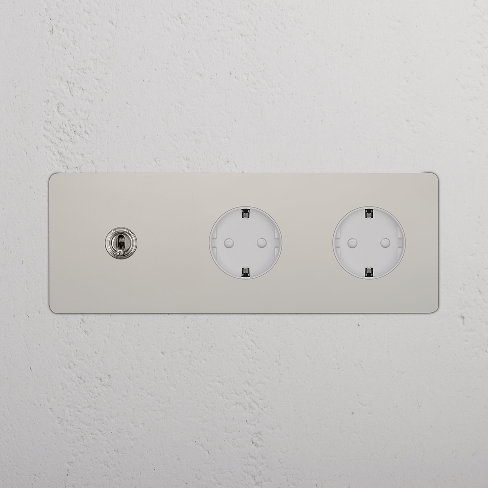 Kew Enchufe con palanca y Schuko tipo F x2 (marco triple) - Níquel pulido | Blanco