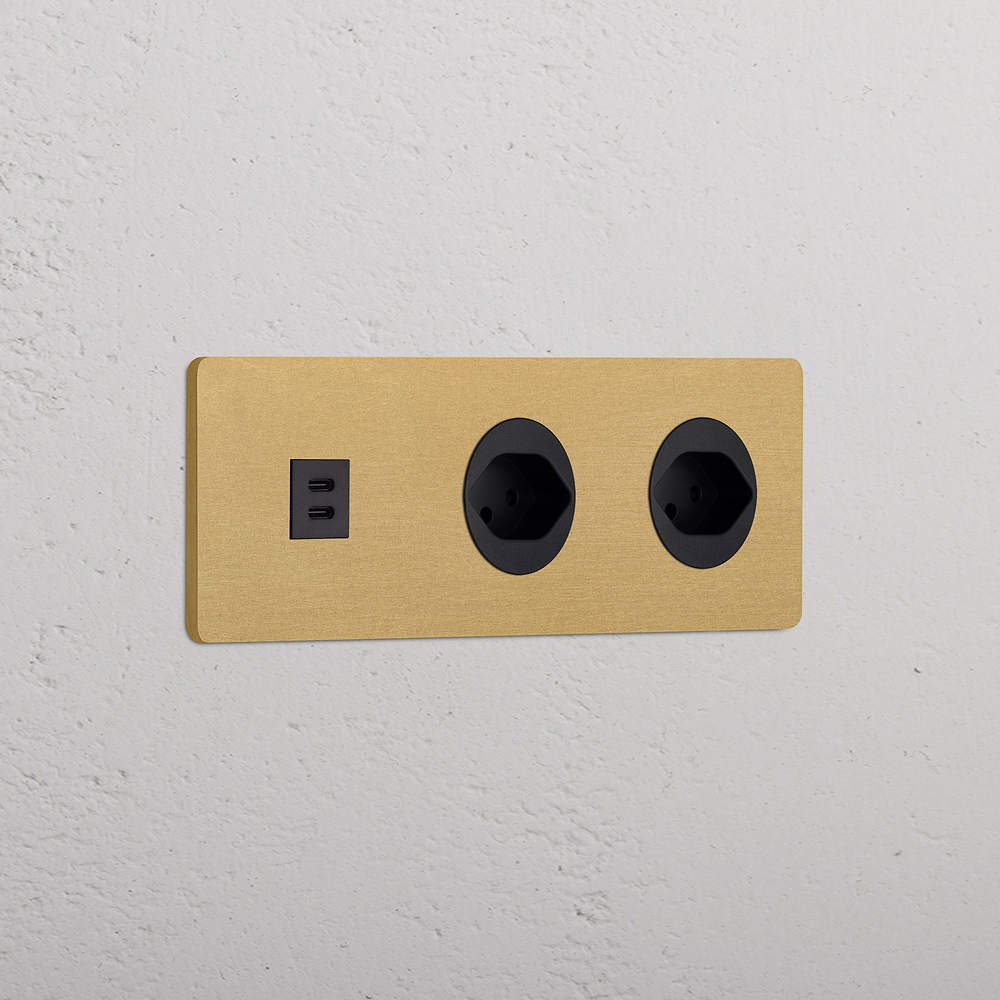 Grove USB-C-Anschluss (30 W) 1x + Schweizer Steckdoseneinsatz (Typ J) 2x in Dreifachrahmen – Antikes Messing | Schwarz