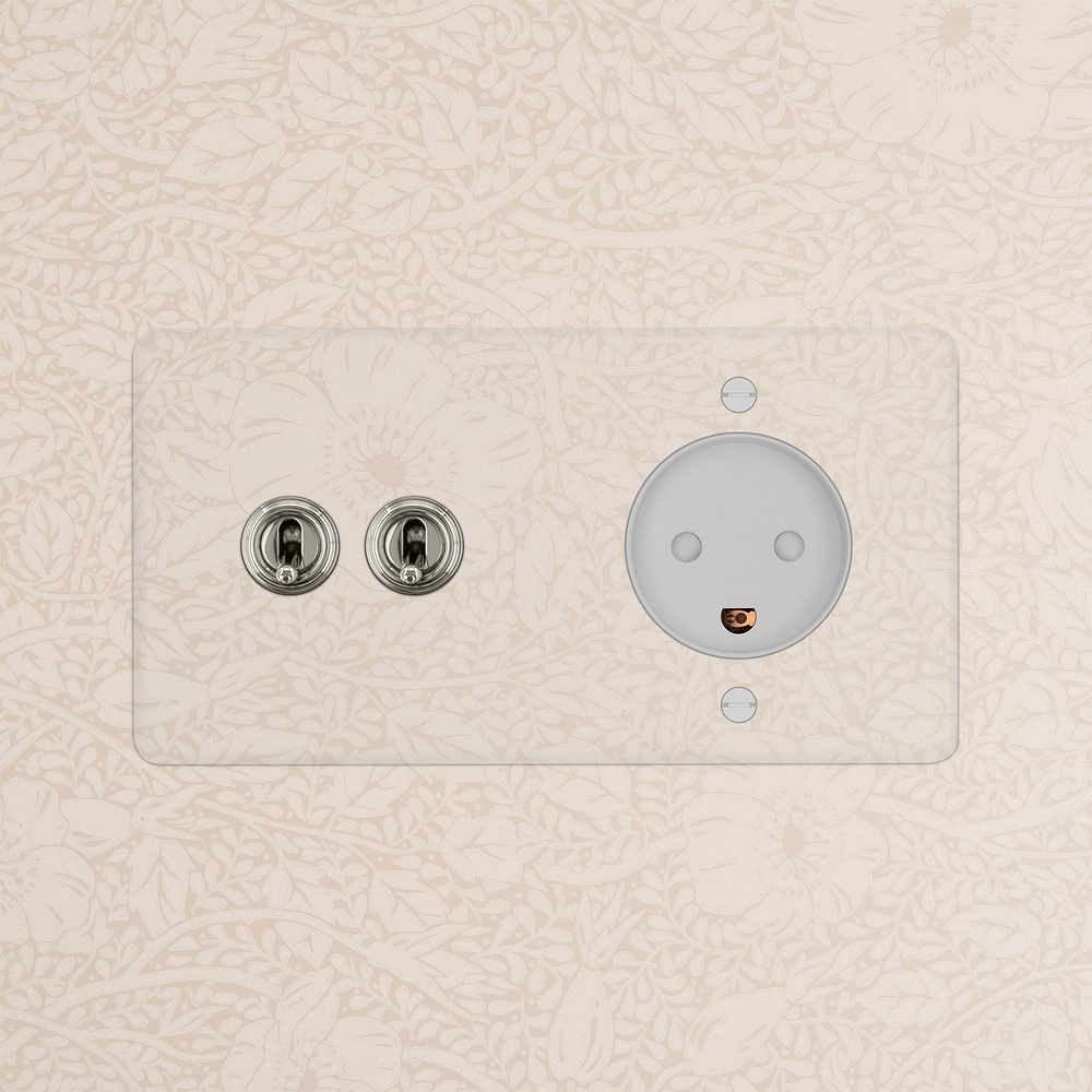 Kew Double 2x Toggle & Danish Type K Socket - Clear Polished Nickel | White