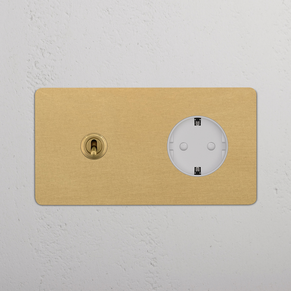 Kew Double Toggle & Schuko Type F Socket - Antique Brass | White