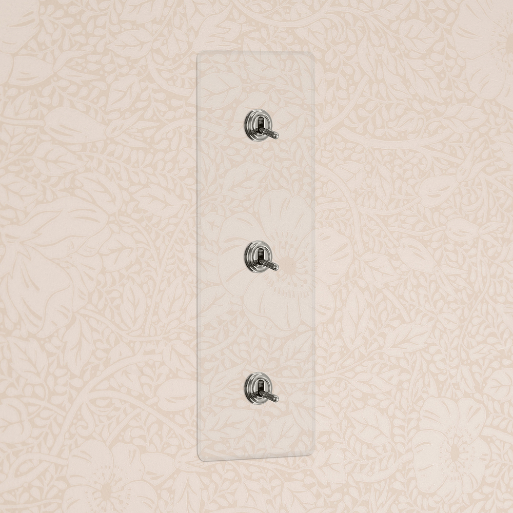 Kew Kipphebelschalter 3x in vertikalem Dreifachrahmen – Transparent + Poliertes Nickel