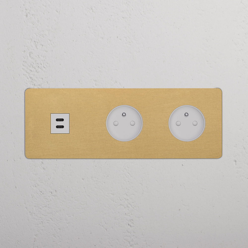 Kew Triple USB-C 30W & 2x French/Belgian Type E Socket - Antique Brass | White