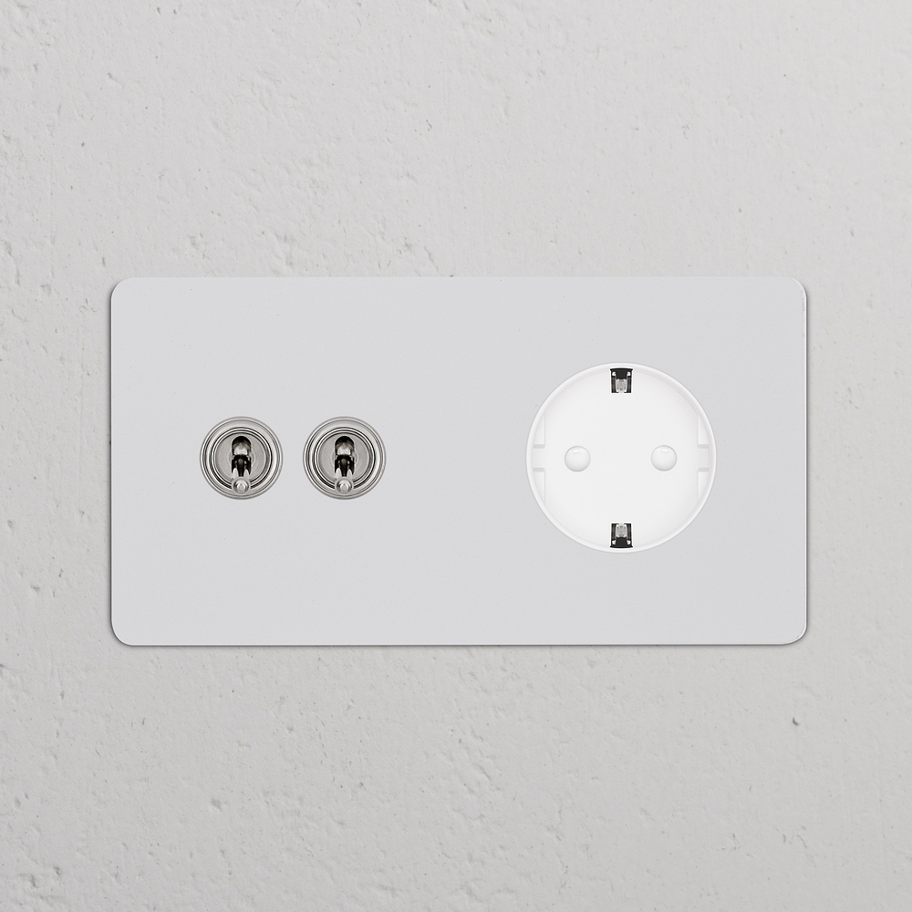 Kew Double 2x Toggle & Schuko Type F Socket - Paintable Polished Nickel | White