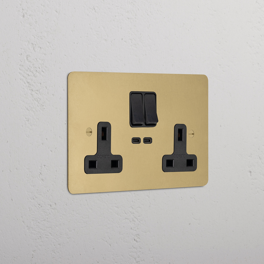 Double Socket & USB-C Fast Charge - Antique Brass | Black