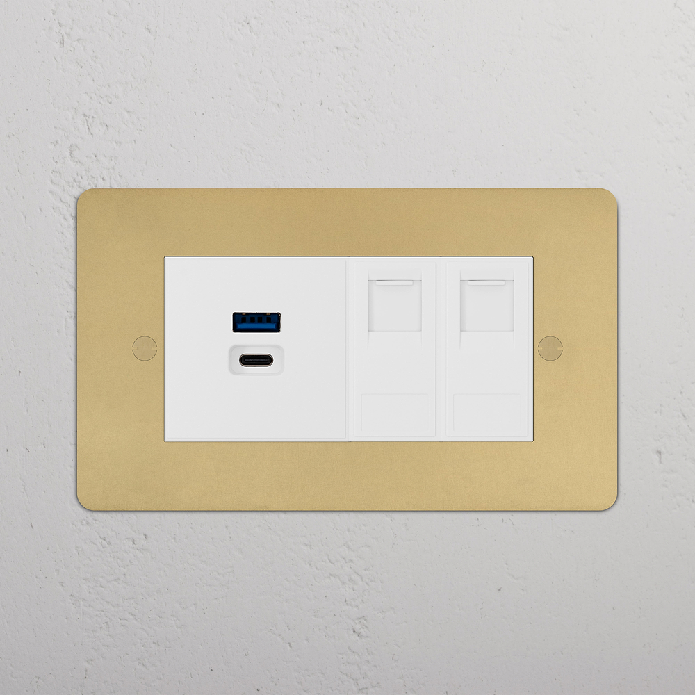 Double 2x CAT 6 & USB-A+C Fast Charge Socket - Antique Brass | White