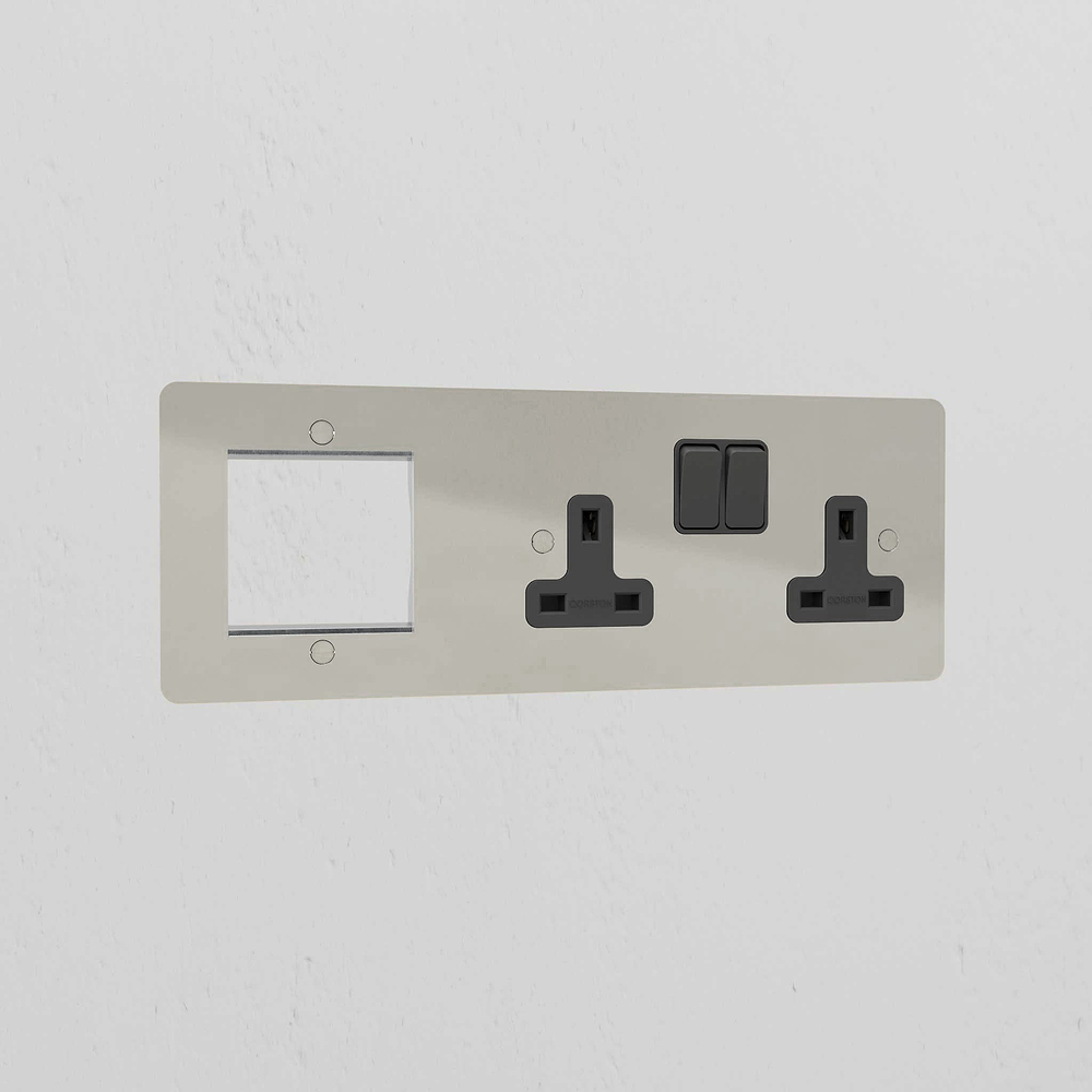 50mm Module & Double Socket Plate - Polished Nickel | Black