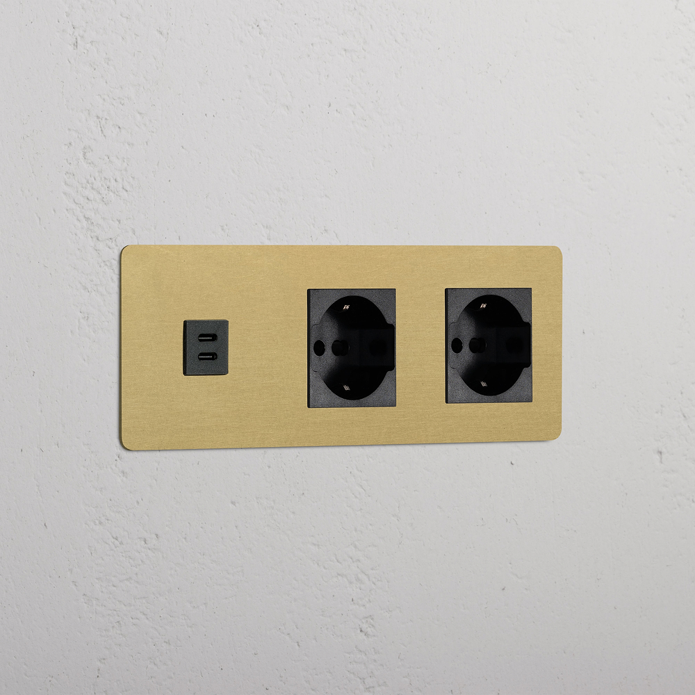 Kew Presa USB-C 30W & Schuko/Bipasso 2x Tripla - Ottone antico | Nero
