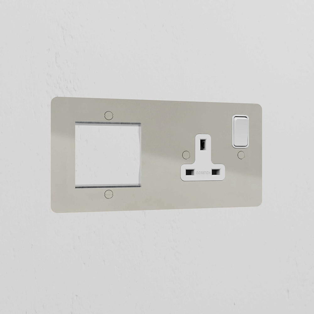 50mm Module & Single Socket Plate - Polished Nickel | White