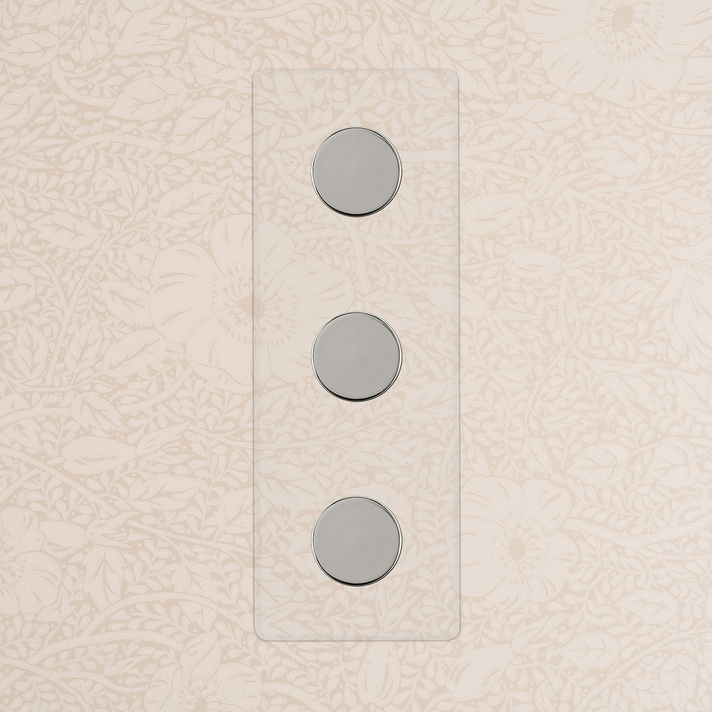 Kew Drehdimmschalter 3x in vertikalem Dreifachrahmen – Transparent + Poliertes Nickel