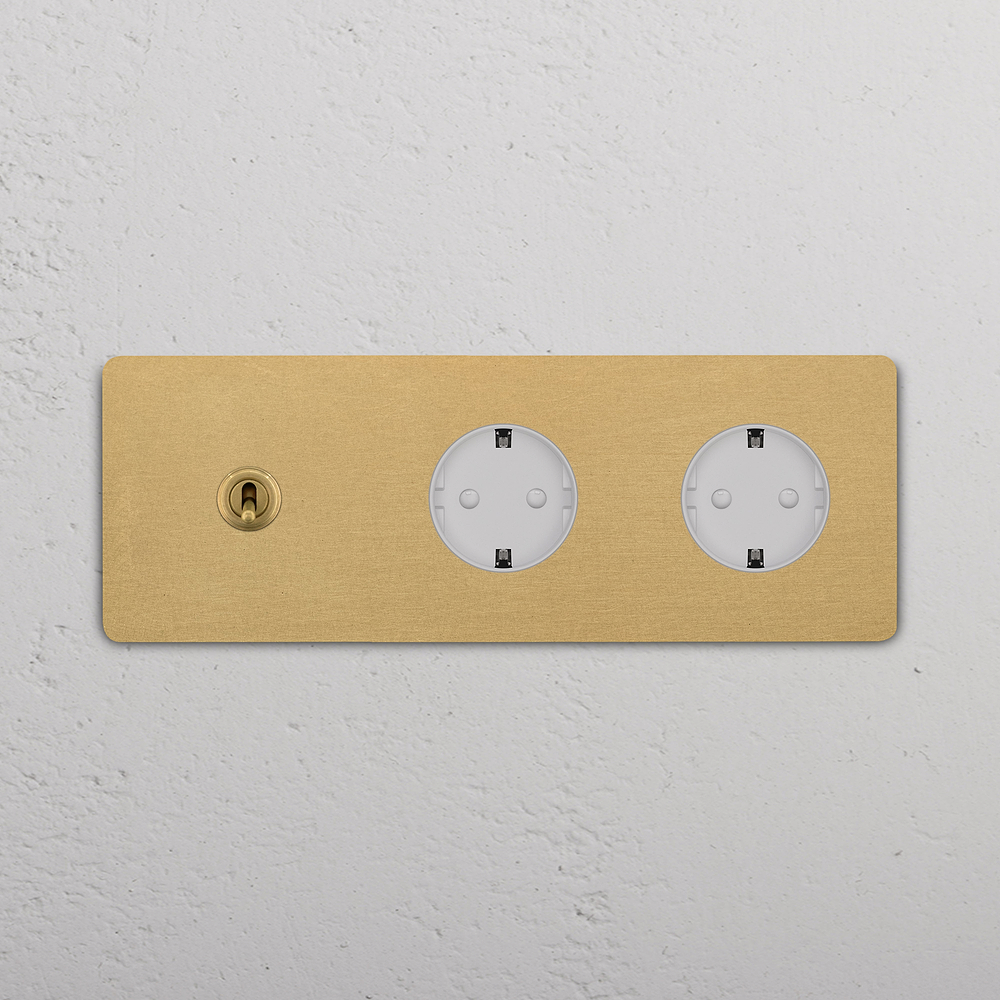 Grove Triple Toggle & 2x Schuko Type F Socket - Antique Brass | White