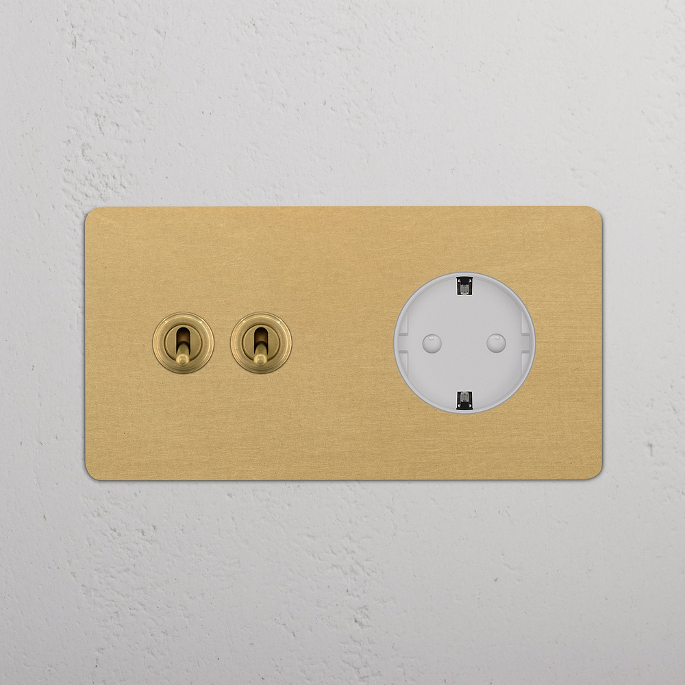 Kew Double 2x Toggle & Schuko Type F Socket - Antique Brass | White