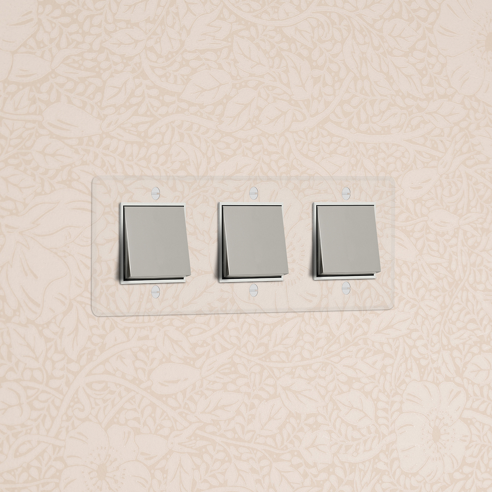 Kew Wippschalter 3x in Dreifachrahmen – Transparent Poliertes Nickel | Weiß