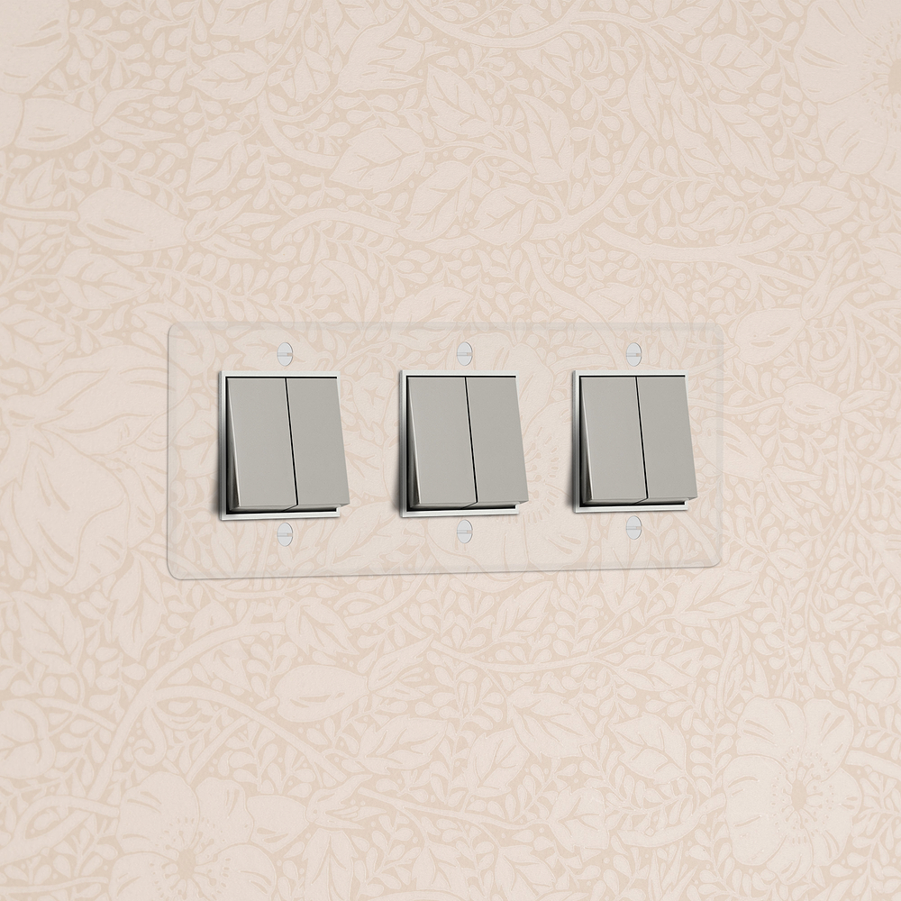 Kew Wippschalter 6x in Dreifachrahmen – Transparent Poliertes Nickel | Weiss