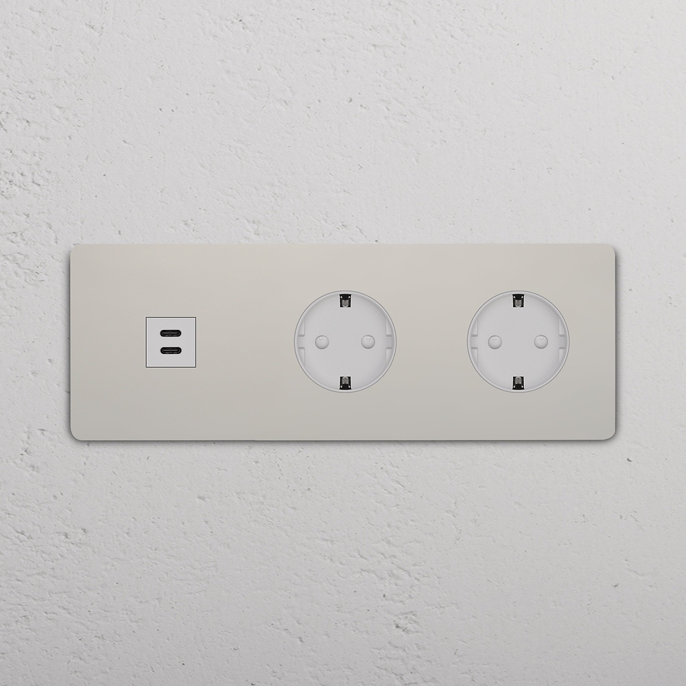 Grove Enchufe USB-C con Schuko x2 tipo F (marco triple) - Níquel pulido | Blanco
