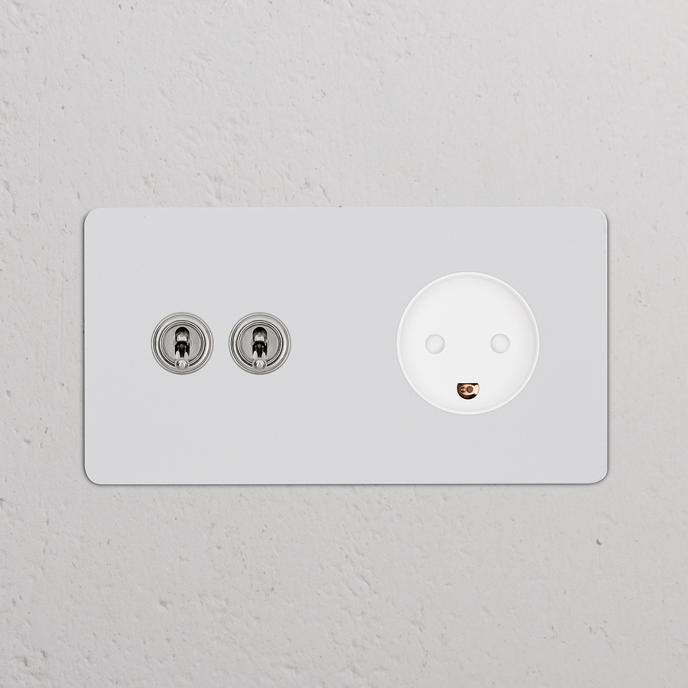 Kew Double 2x Toggle & Danish Type K Socket - Paintable Polished Nickel | White