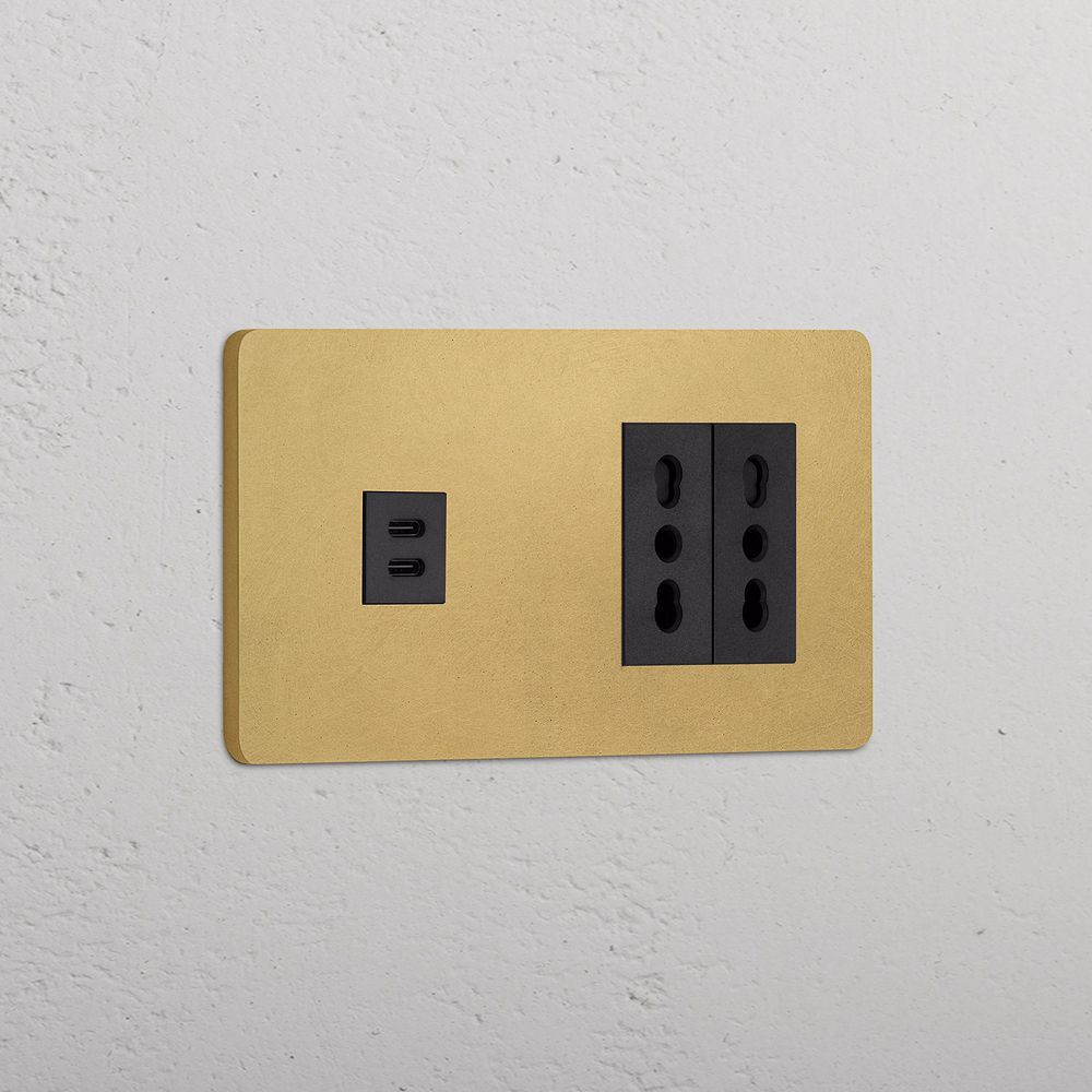 Grove USB-C-Anschluss (30 W) 1x + Bipasso-Steckdoseneinsatz (Typ K) 2x in Zweifachrahmen – Antikes Messing | Schwarz