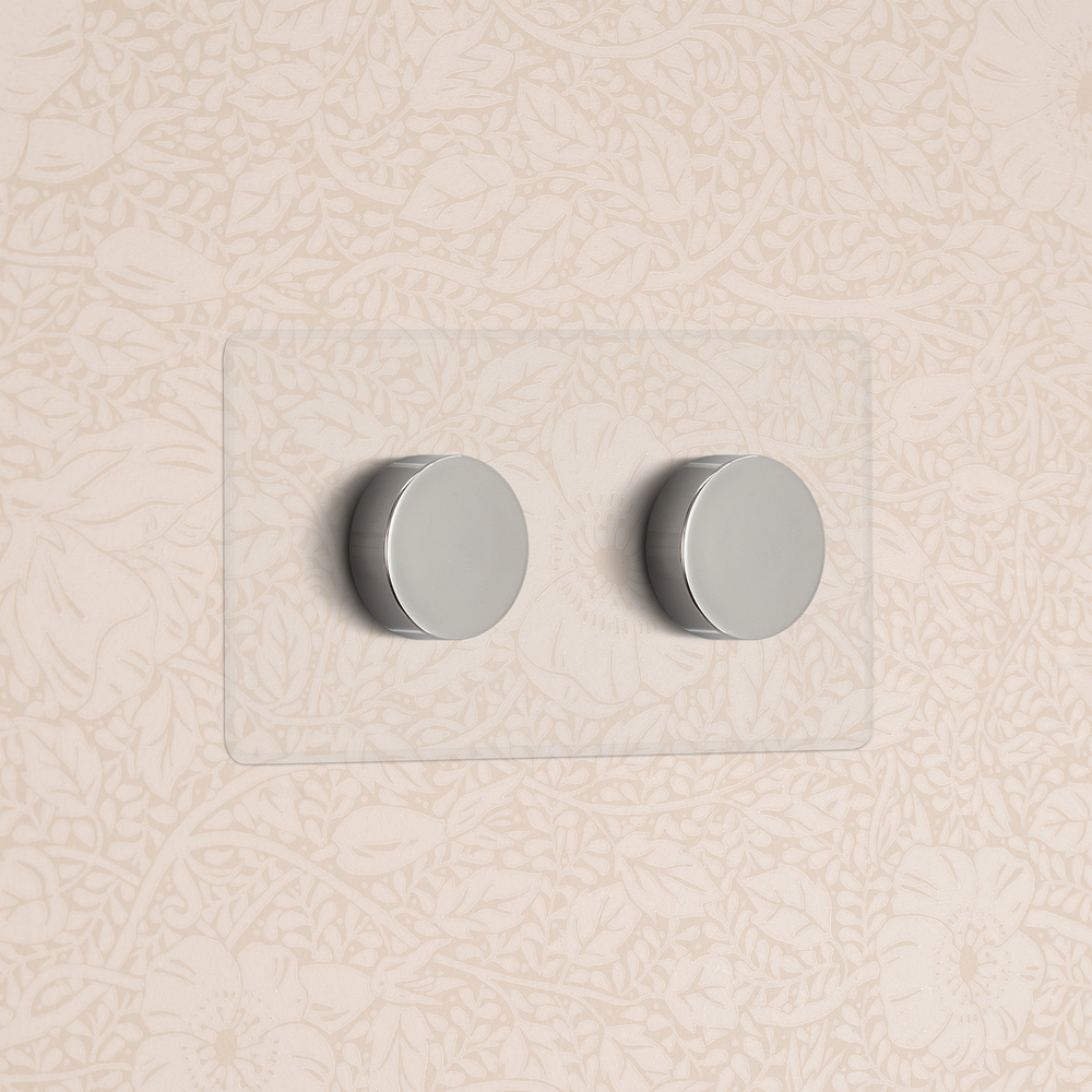 Kew Drehdimmschalter 2x in Zweifachrahmen – Transparent + Poliertes Nickel