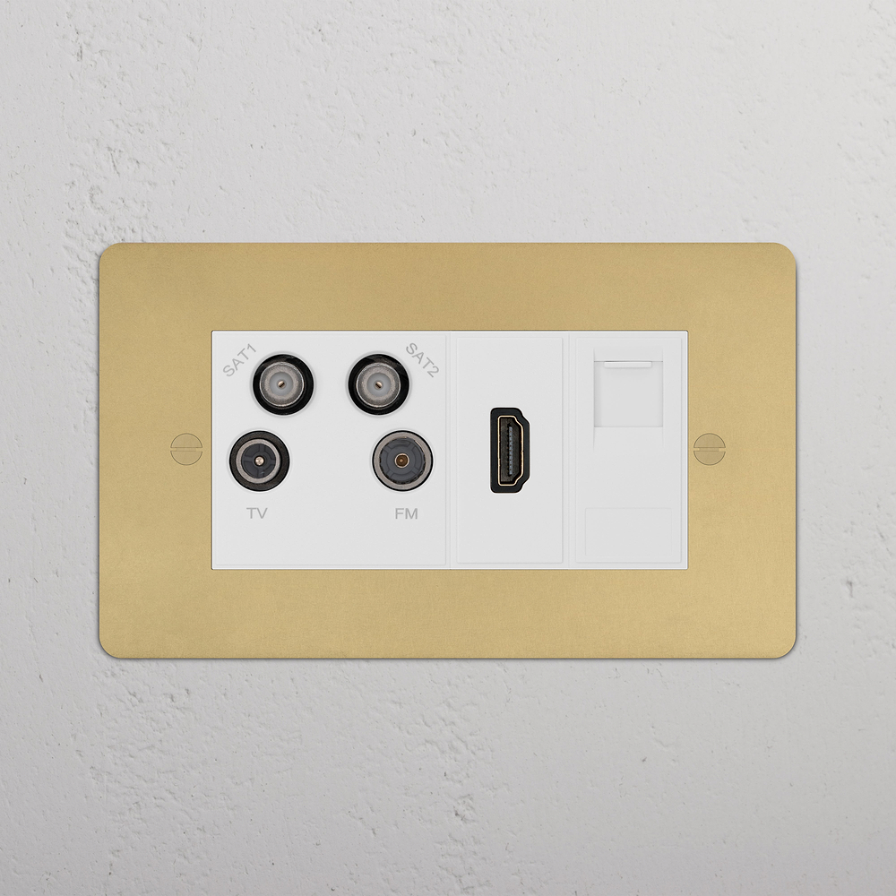 Double Aerial & HDMI & CAT6 Socket - Antique Brass | White