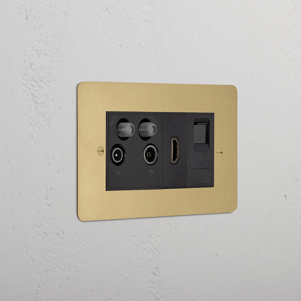 Double Aerial & HDMI & CAT6 Socket - Antique Brass | Black