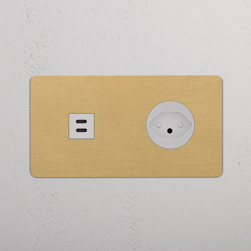 Kew Presa USB-C 30W & Svizzera Tipo J Doppia - Ottone antico | Bianco