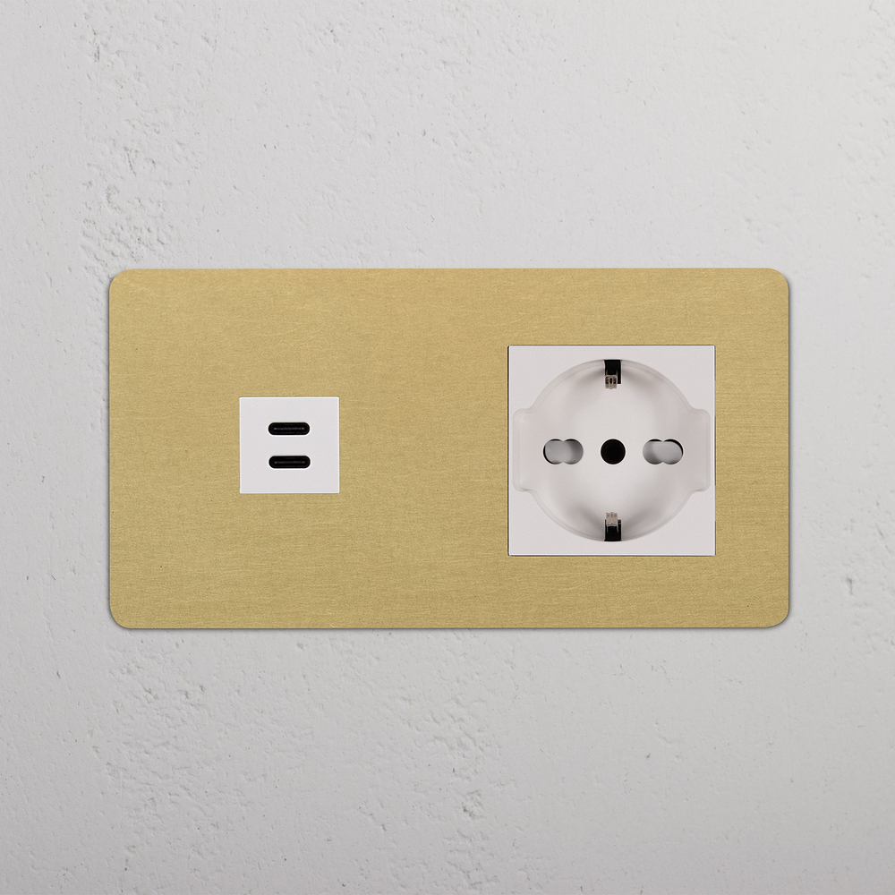Kew Double USB-C 30W & Schuko/Bipasso Socket - Antique Brass | White