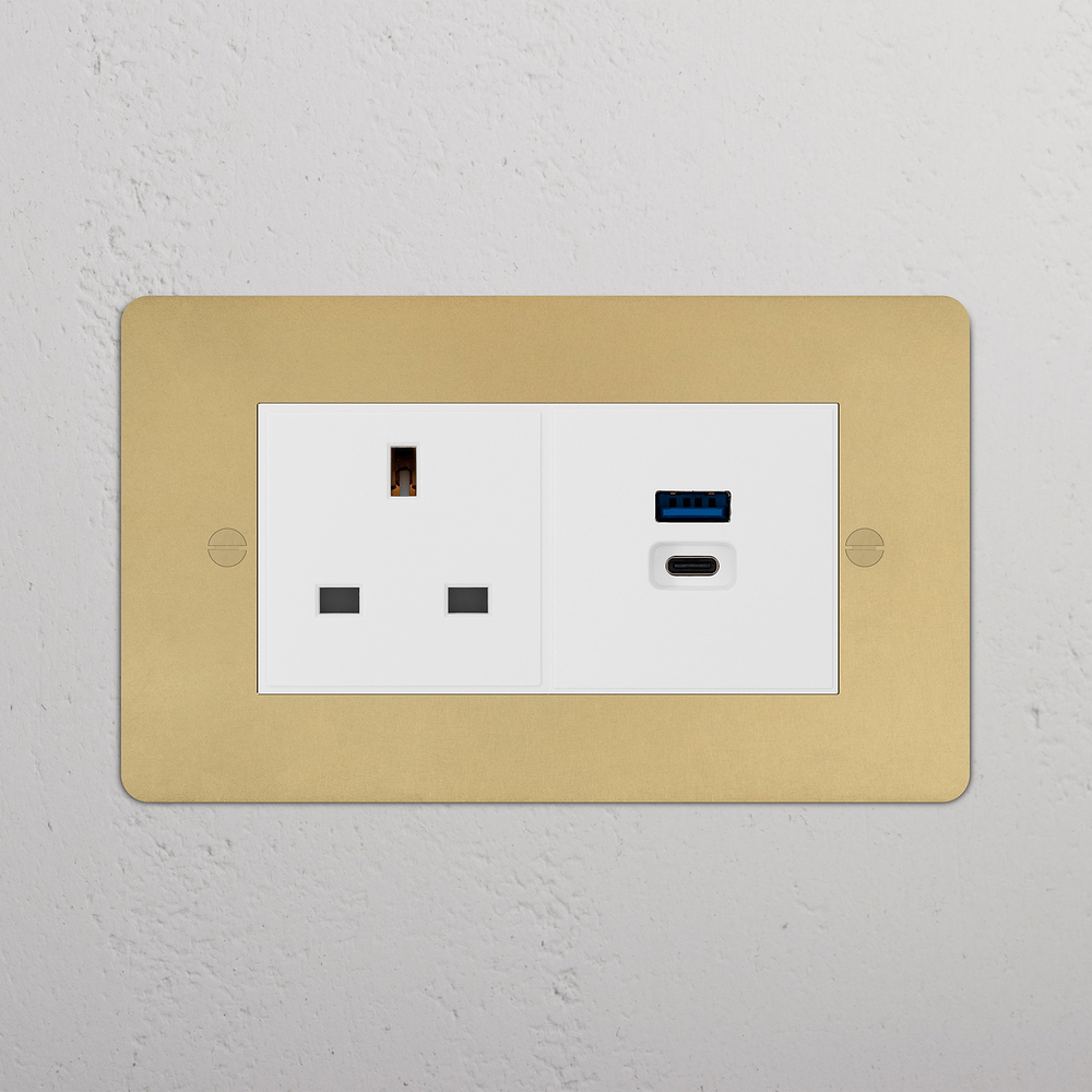 Double 13A & USB-A+C Fast Charge Socket - Antique Brass | White