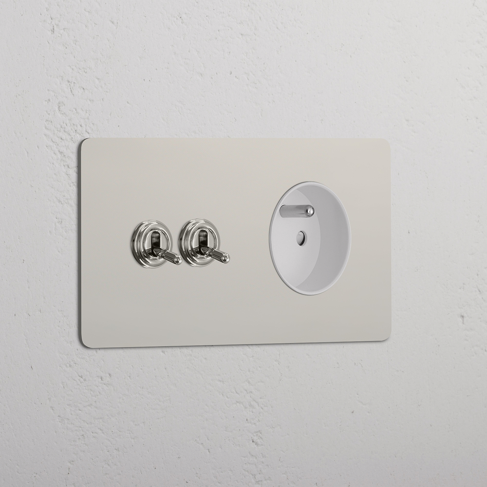Kew Double 2x Toggle & French/Belgian Type E Socket - Polished Nickel | White