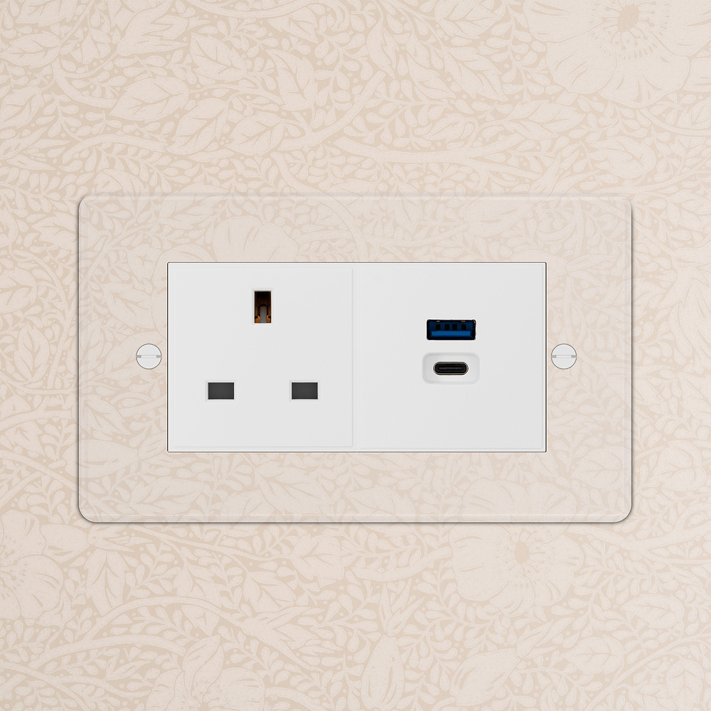 Double 13A & USB-A+C Fast Charge Socket - Clear | White